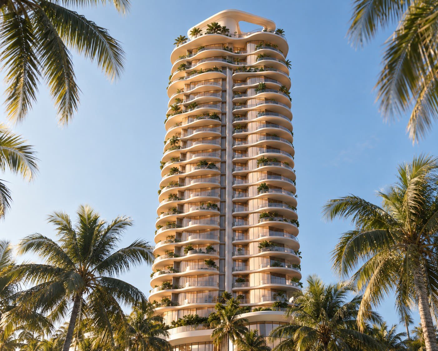 Curved white terraces of Panache framed by palm trees