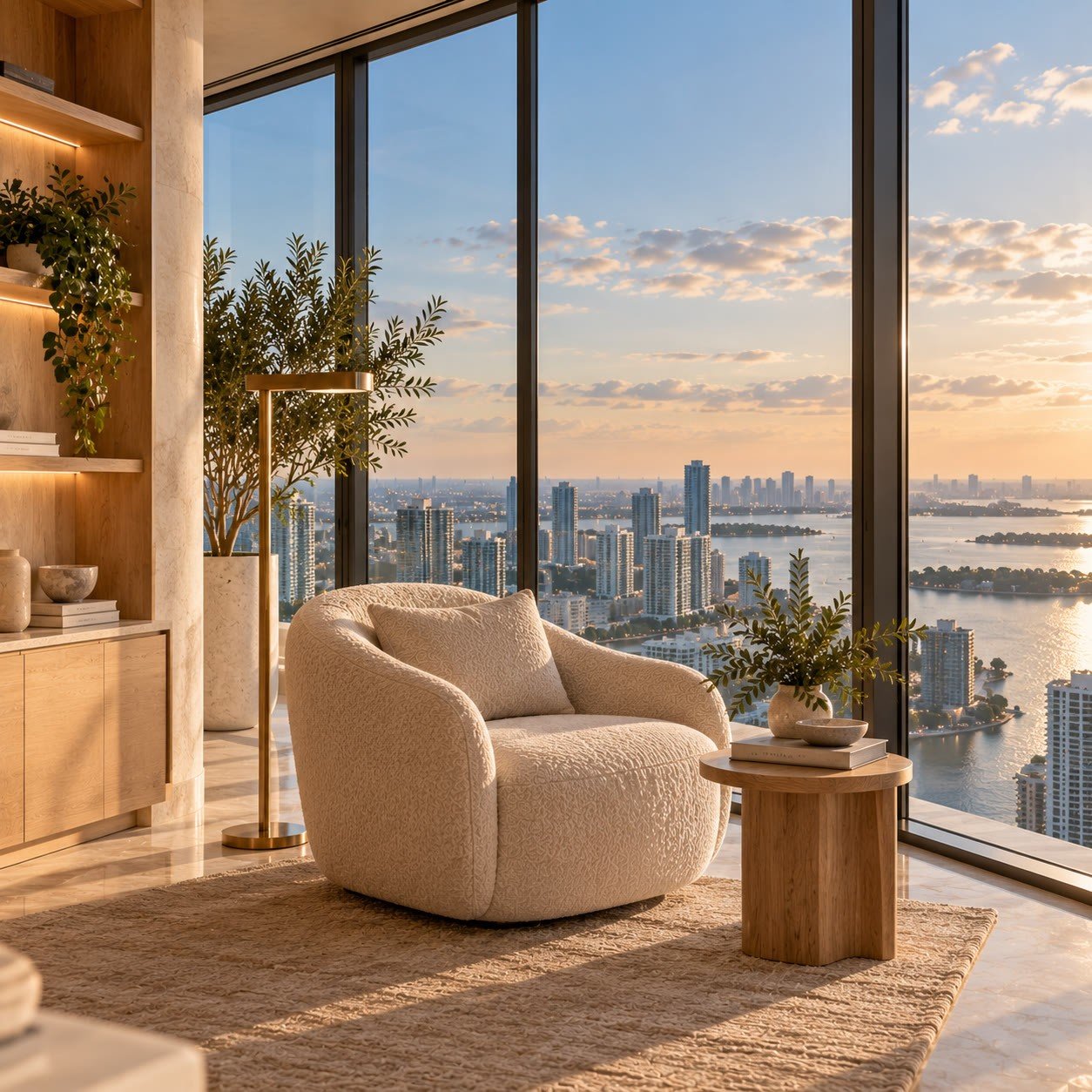 A reading corner in a Sky Residence, the bay far below