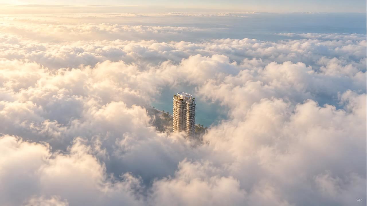 Panache tower on Ulsoor Lake seen from above the morning clouds