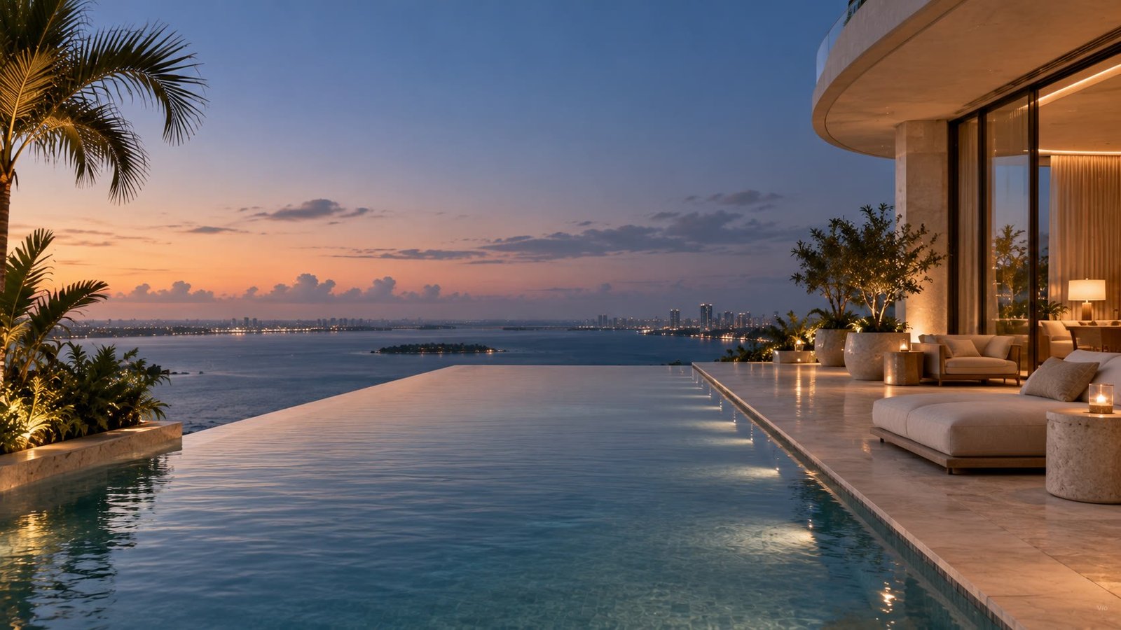Infinity pool facing the ocean at dusk